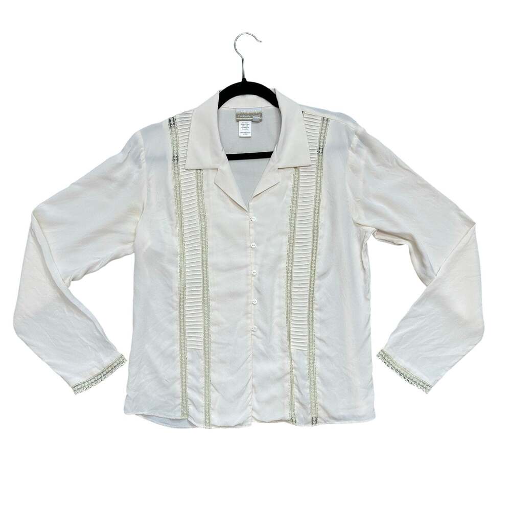 Vintage Coldwater Creek Silk Button Up Shirt 8 Ivory Semi Sheer Lace Panel